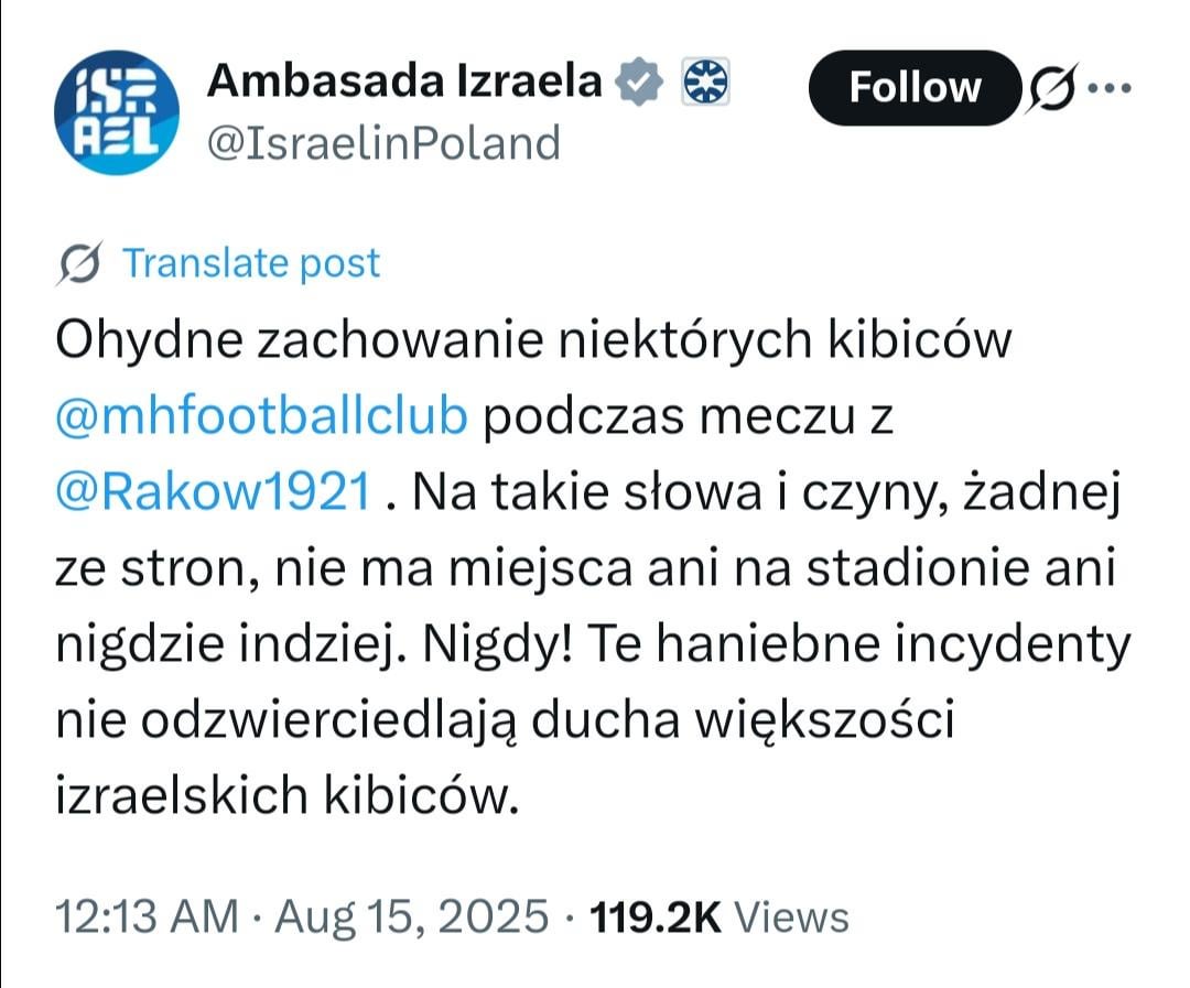Reakcja ambasady na baner kibiców Izraela