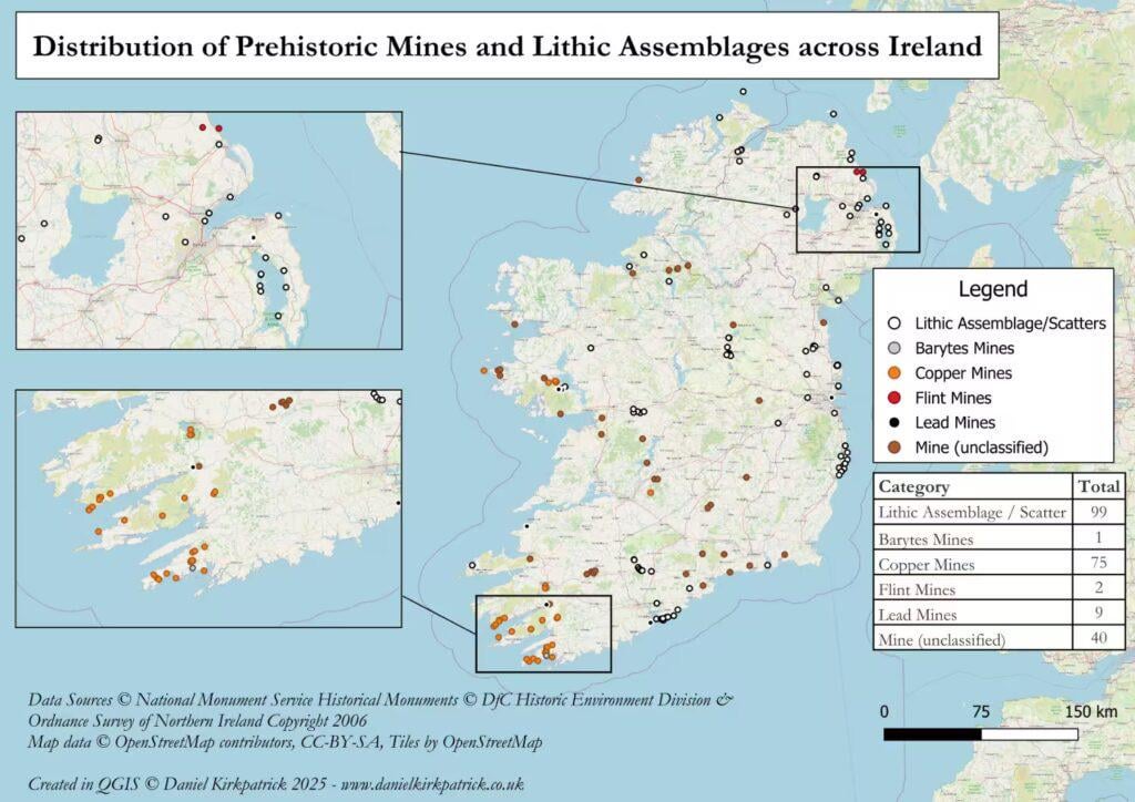Prehistoric mine locations in Ireland and lithic assemblages