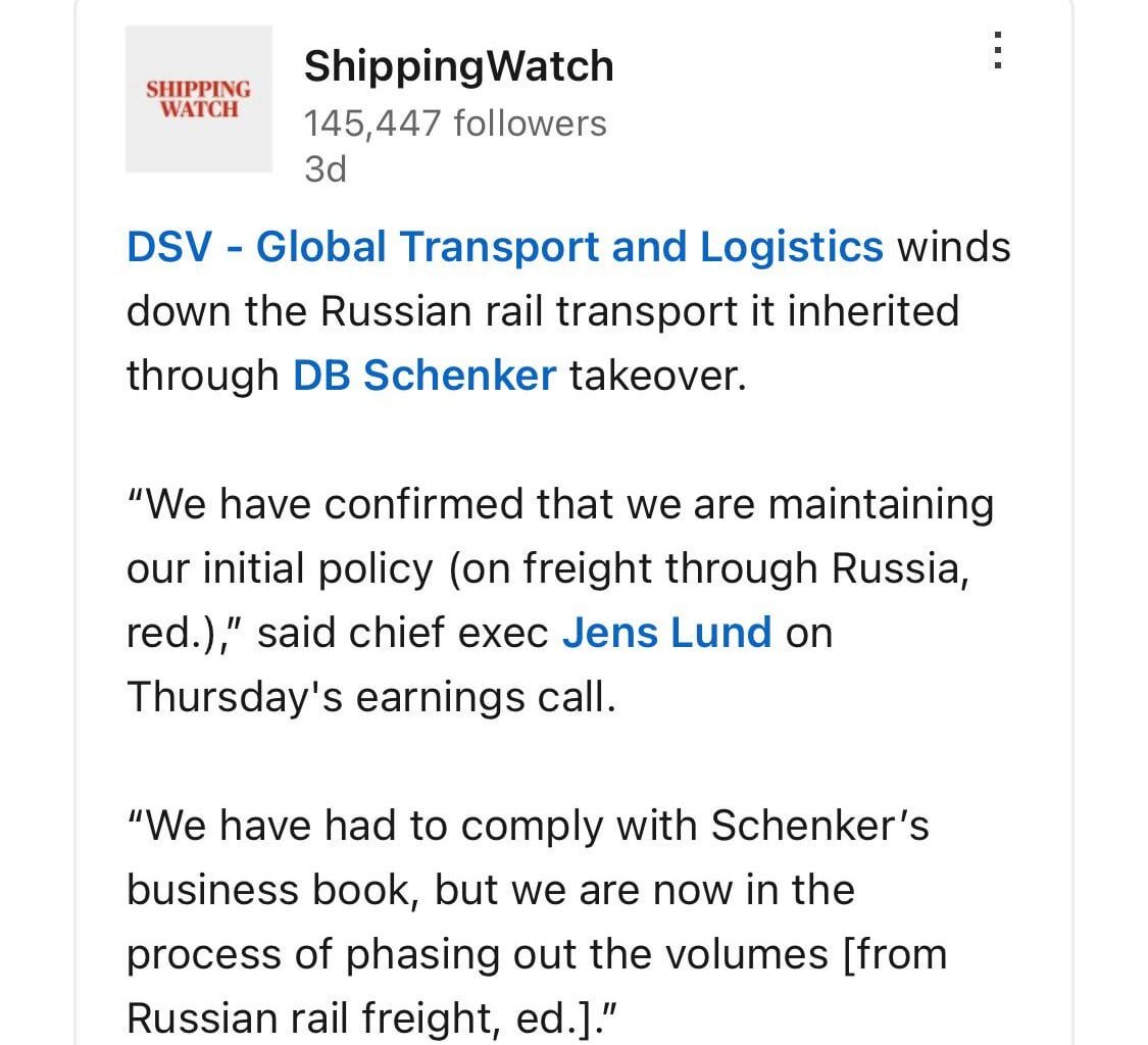 Lund says DSV will shut down Russian transport inherited from DB Schenker
