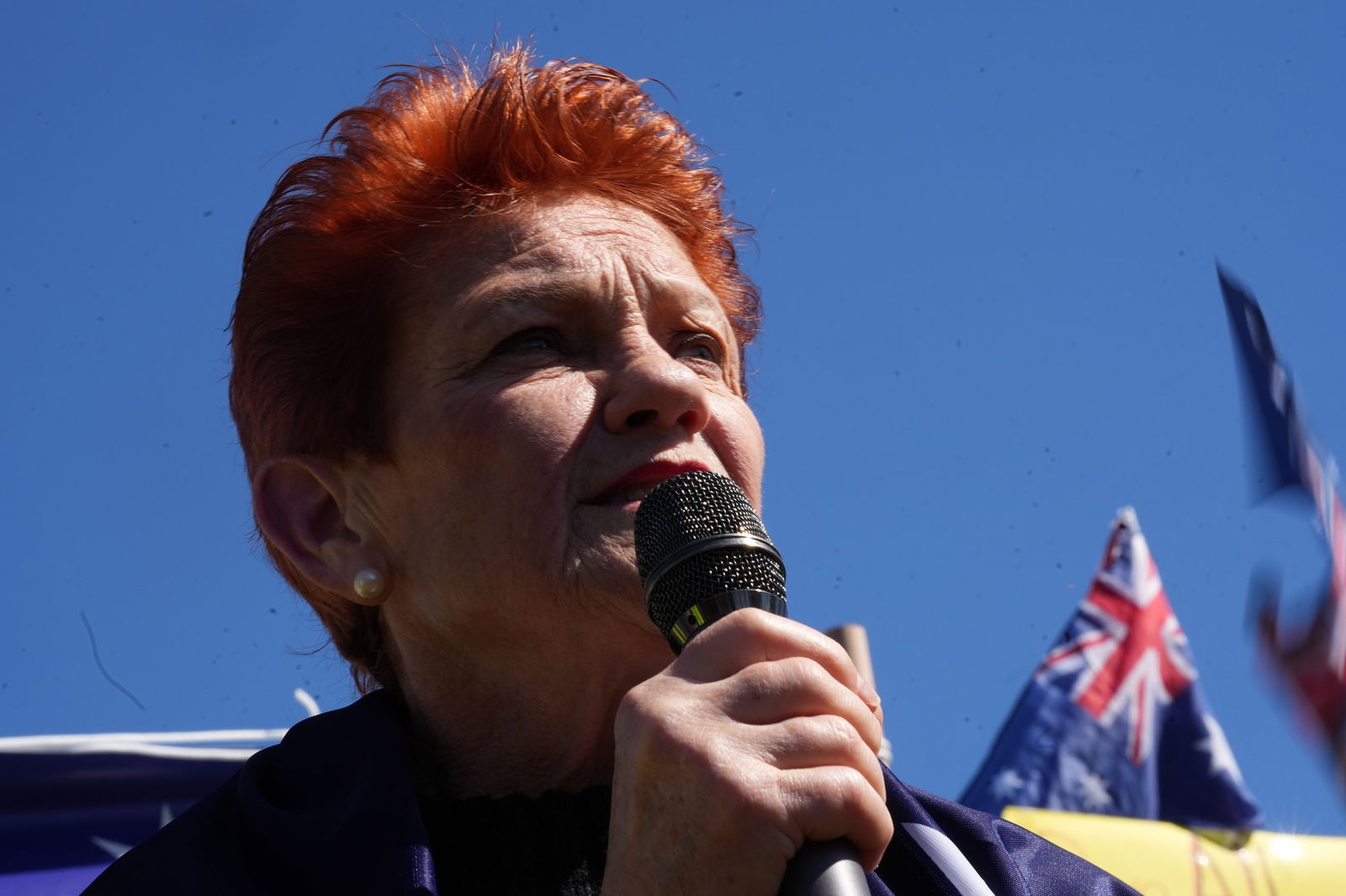 Pauline Hanson  speaks into a microphone
