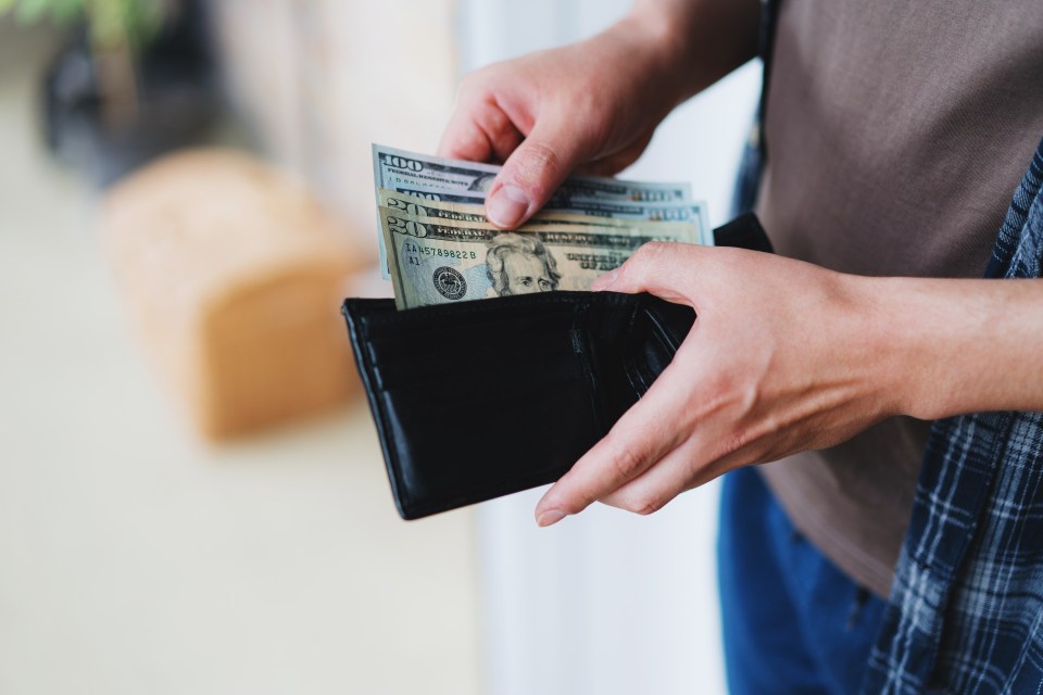 Person taking money from a wallet.