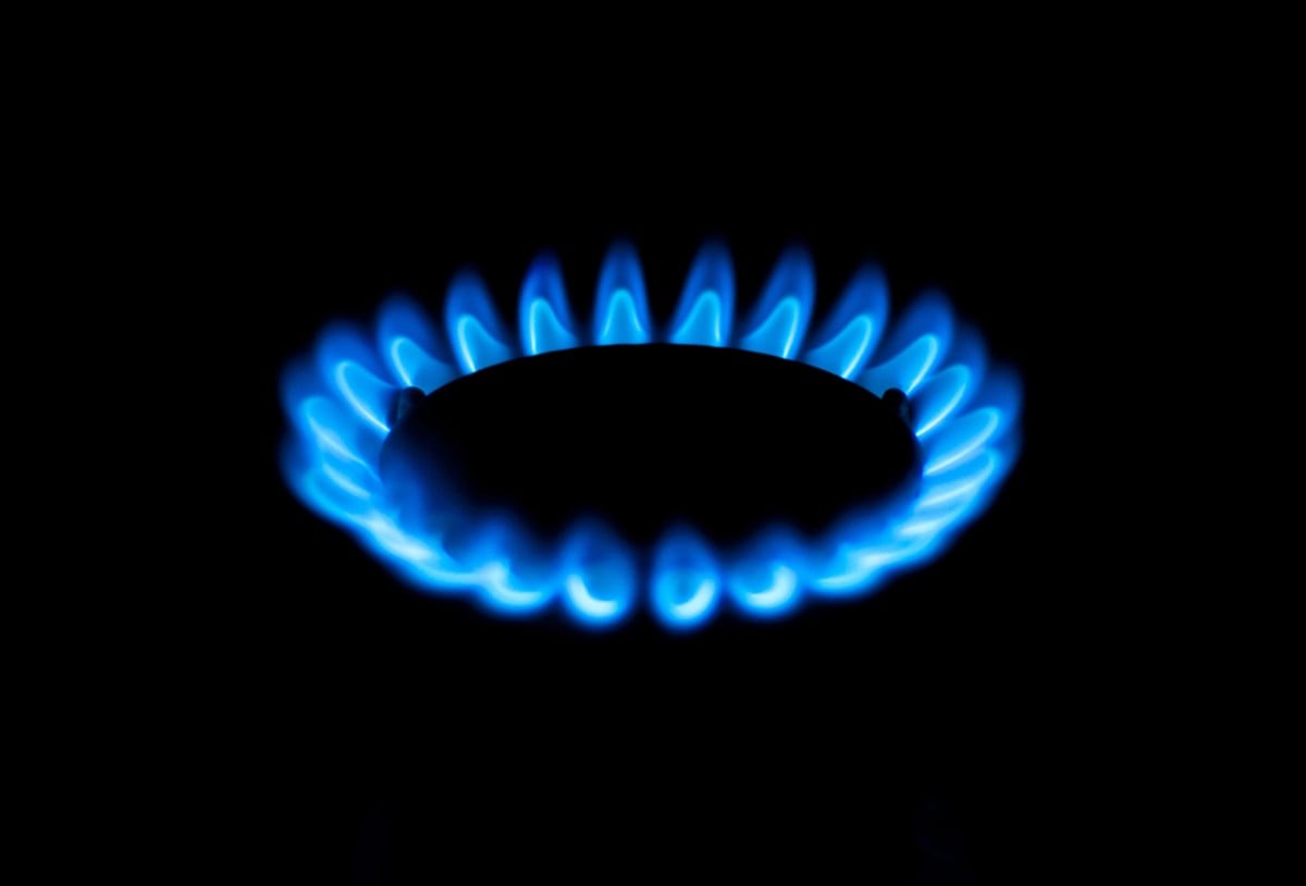 Natural Gas - bright blue burner flames on black background