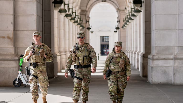 Members of the Louisiana National Guard patrol Union Station, Thursday, Aug. 28, 2025, in Washington