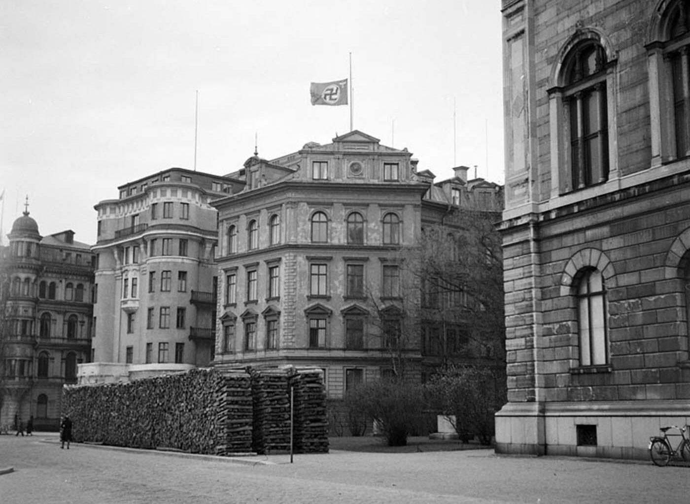 The German embassy in Sweden with its flag lowered to half-mast on April 30, 1945, the day of Hitler’s death