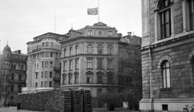 The German embassy in Sweden with its flag lowered to half-mast on April 30, 1945, the day of Hitler’s death