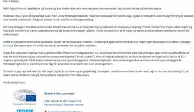 Jeg har fået svar på min henvendelse fra 1(MEP Sigrid Friis) ud af de 12 EU'er MEP's jeg kontaktede vedr. tråden for et par dage siden med Chatcontrol.