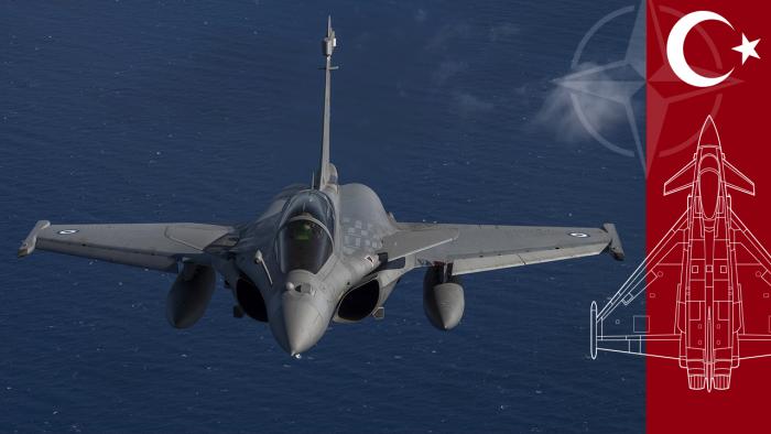 Griechischer Rafale-Kampfjet und roter Balken mit Emblemen für Nato und Tütkei sowie Eurofighter-Silhouette 