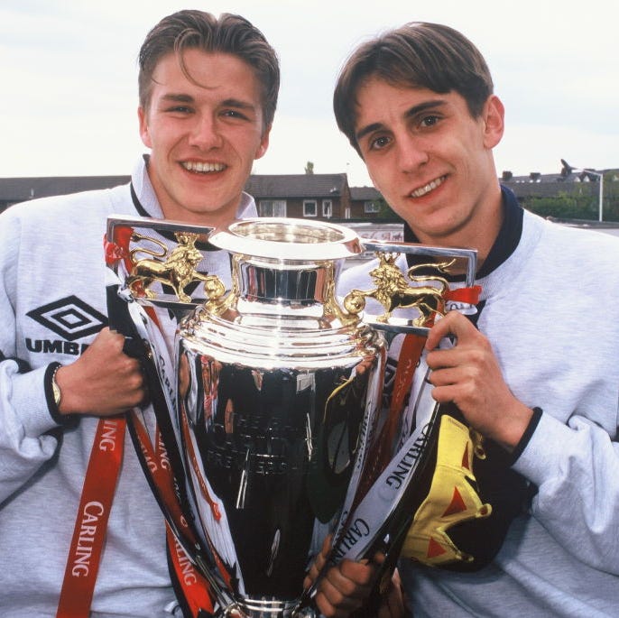 david beckham and gary neville celebrating a ﻿manchester united win﻿ in 1996