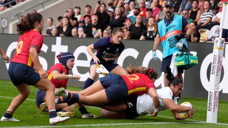 New Zealand's Ayesha Leti-I'iga scores a try during the Women's Rugby World Cup 2025 Pool C match between New Zealand and Spain at York Community Stadium in York, England.