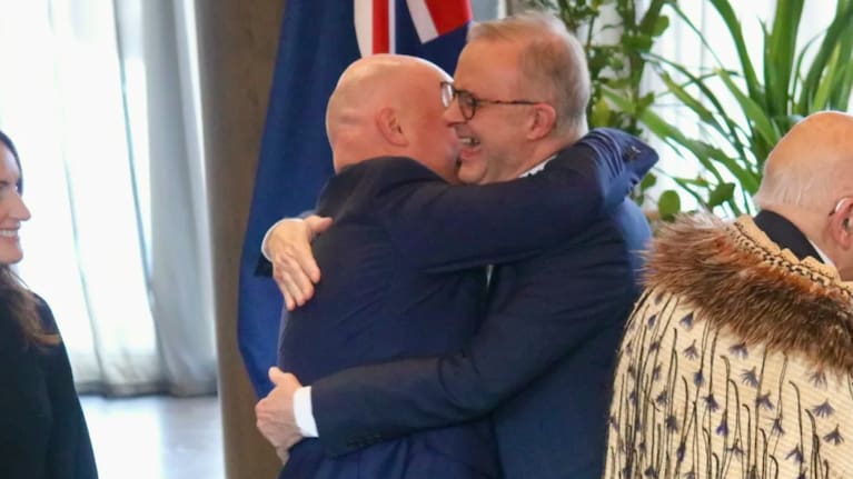 New Zealand's Prime Minister Christopher Luxon welcoming Australia's Prime Minister Anthony Albanese to Queenstown. Photo: RNZ / Katie Todd