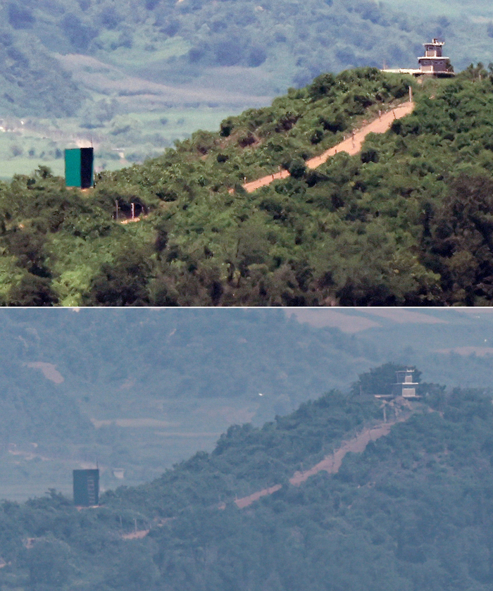 While North Korea has started removing loudspeakers for the South in some areas in front of it, the interior of the loudspeaker (left side of the picture above) installed in the North from the border area of Paju-si, Gyeonggi-do, is empty on the 10th. The picture below shows the loudspeaker on the South taken on June 12. 2025.8.10 [Photo = News1]
