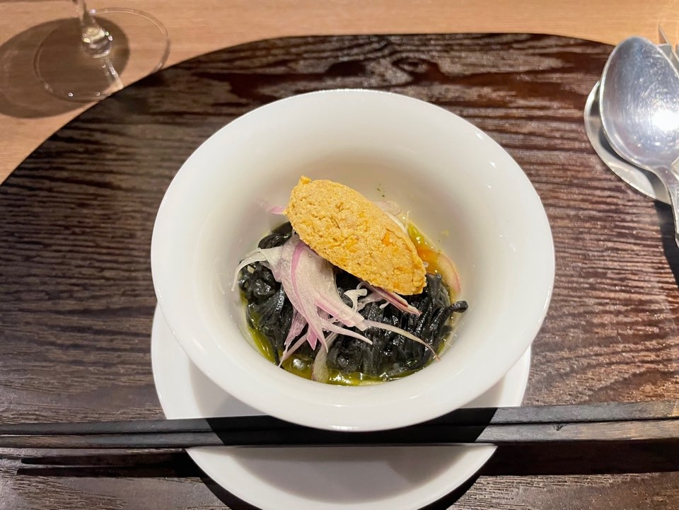 Angel hair pasta with monkfish liver, ponzu, shallot and shiso oil (Hong Yoo/ The Korea Herald)