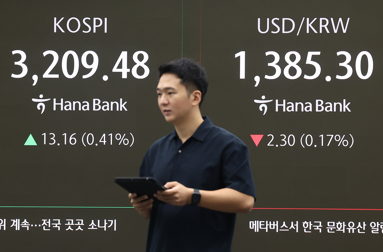 An electronic board showing the Korea Composite Stock Price Index at a dealing room of the Hana Bank headquarters in Seoul on Friday. (Yonhap)