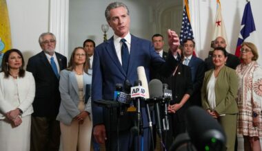 Accompanied by California and Texas lawmakers, California Gov. Gavin Newsom discusses the push to schedule a special election to redraw California's Congressional voting districts, during a news conference in Sacramento, Calif., Aug. 8 2025. (AP Photo/Rich Pedroncelli)