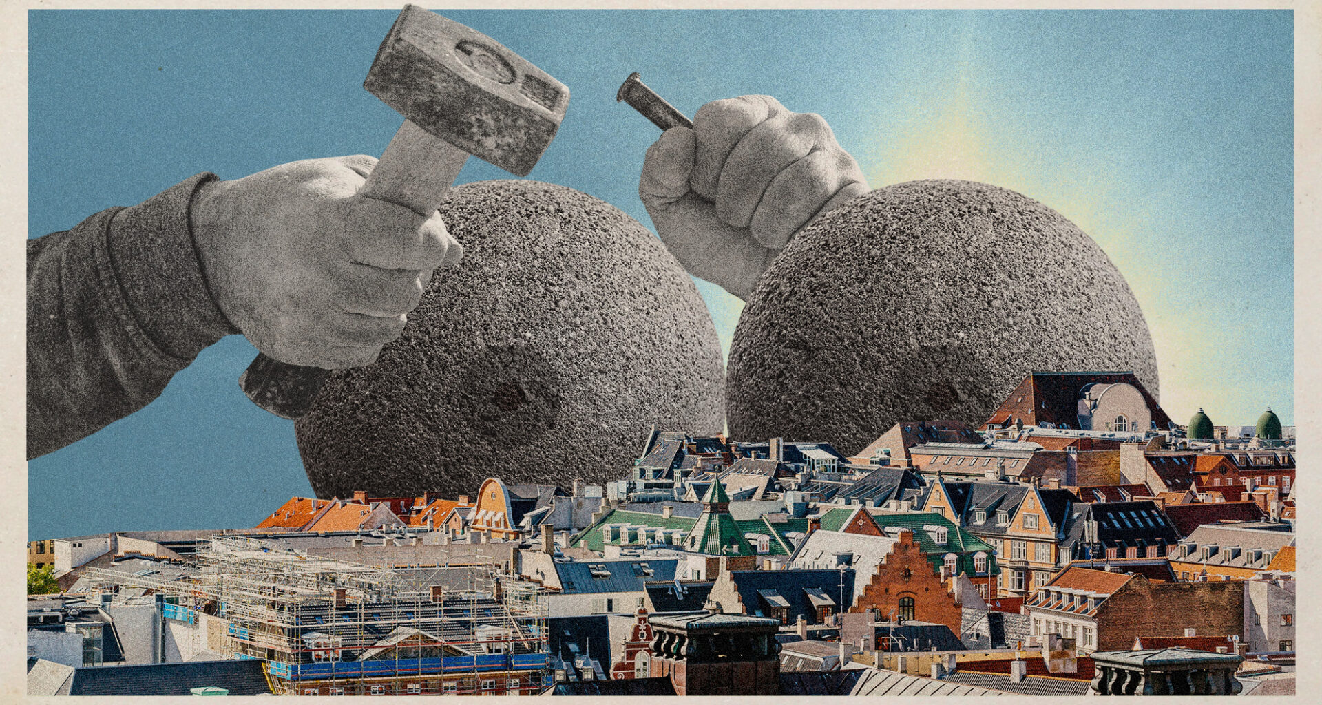Photo collage of the skyline of Copenhagen, with two enormous stone orbs towering over it, blotting out the sun. A pair of male sculptor's hands is chiselling away at them.