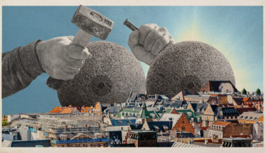Photo collage of the skyline of Copenhagen, with two enormous stone orbs towering over it, blotting out the sun. A pair of male sculptor's hands is chiselling away at them.