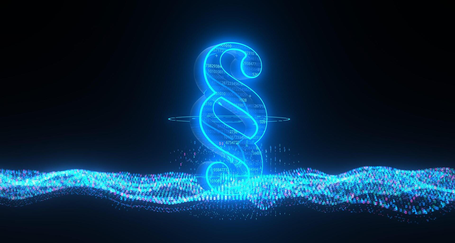 In einer 3-D-Illustration ist ein großer, blau-leuchtender Paragraf abgebildet.