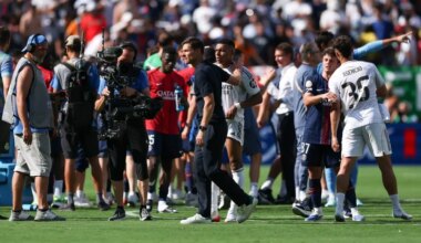EAST RUTHERFORD, NEW JERSEY - JULY 09: Xabi Alonso, Head Coach of Real Madrid C.F., interacts with Kylian Mbappe #9 of Real Madrid C.F. following the FIFA Club World Cup 2025 semi-final match between Paris Saint-Germain and Real Madrid CF at MetLife Stadium on July 09, 2025 in East Rutherford, New Jersey. (Photo by Dan Mullan/Getty Images)