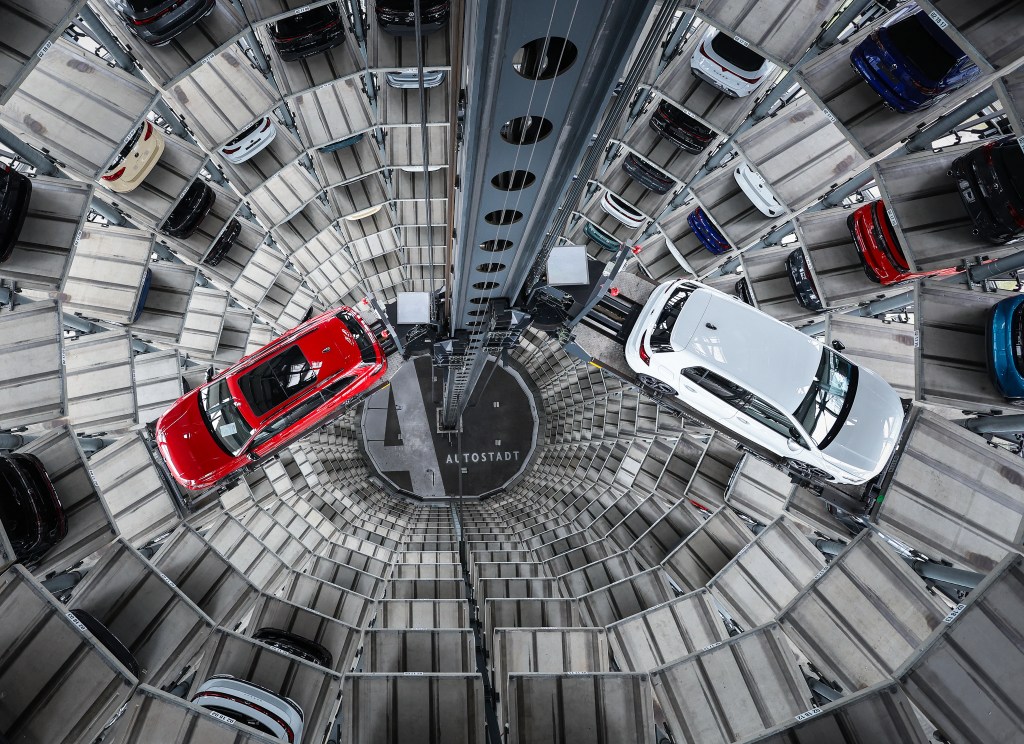 Volkswagen cars in automated parking system.