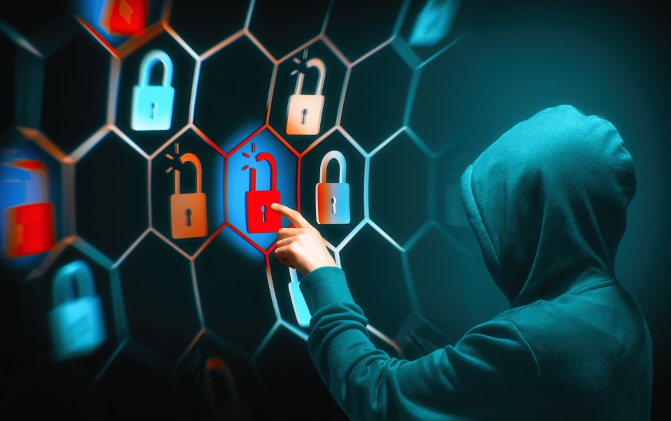 Person in a hoodie hacking computer network security.