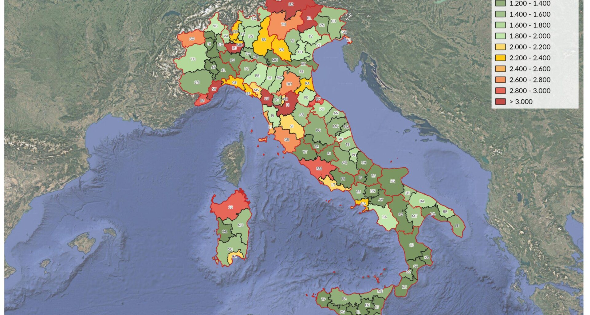 Prezzi immobili per €/m² nelle province italiane (dati aprile 2025)