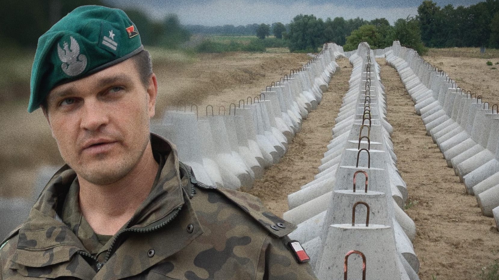 Polnischer Kampfingenieur Michał Bednarko vor dem "Ostschild" (Fotomontage): Die Anlage soll Polen im Falle eines Angriffs Zeit verschaffen. Polnischer Kampfingenieur Michał Bednarko vor dem "Ostschild" (Fotomontage): Die Anlage soll Polen im Falle eines Angriffs Zeit verschaffen.
