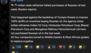 "Indian state refineries halted purchases of russian oil last week - Reuters reports" - from pro-russian TG. They don't look happy