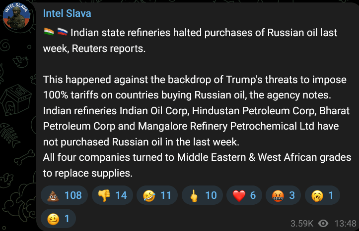 "Indian state refineries halted purchases of russian oil last week - Reuters reports" - from pro-russian TG. They don't look happy