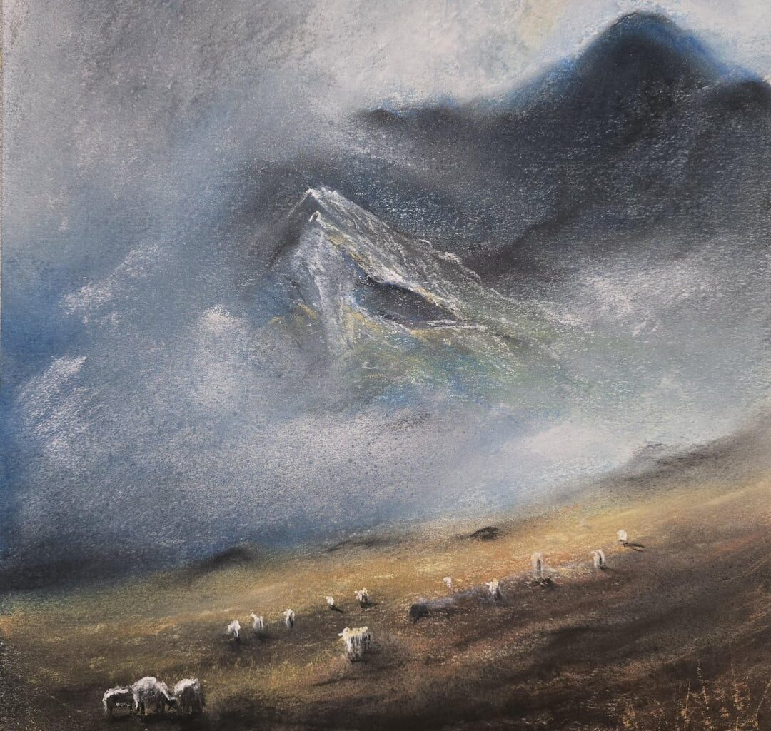 Mountain sheep grazing. Original wet charcoal and pastel art by Andrew McAdam (me).