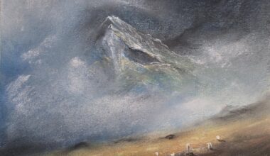 Mountain sheep grazing. Original wet charcoal and pastel art by Andrew McAdam (me).