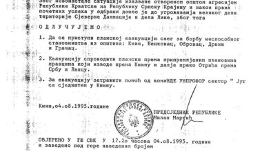 Na današnji dan prije 30. godina Milan Martić, predsjednik takozvane Republike Srpske Krajine naređuje evakuaciju svog civilnog stanovništva iz općina: Knin, Benkovac, Obrovac, Drniš i Gračac.