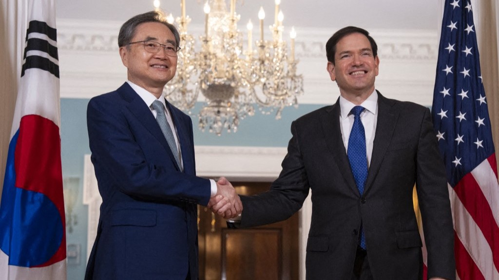 Republic of Korea Foreign Minister Cho Hyun (L) meets with U.S. Secretary of State Marco Rubio (R) at the U.S. Department of State on July 31, 2025 in Washington, DC.