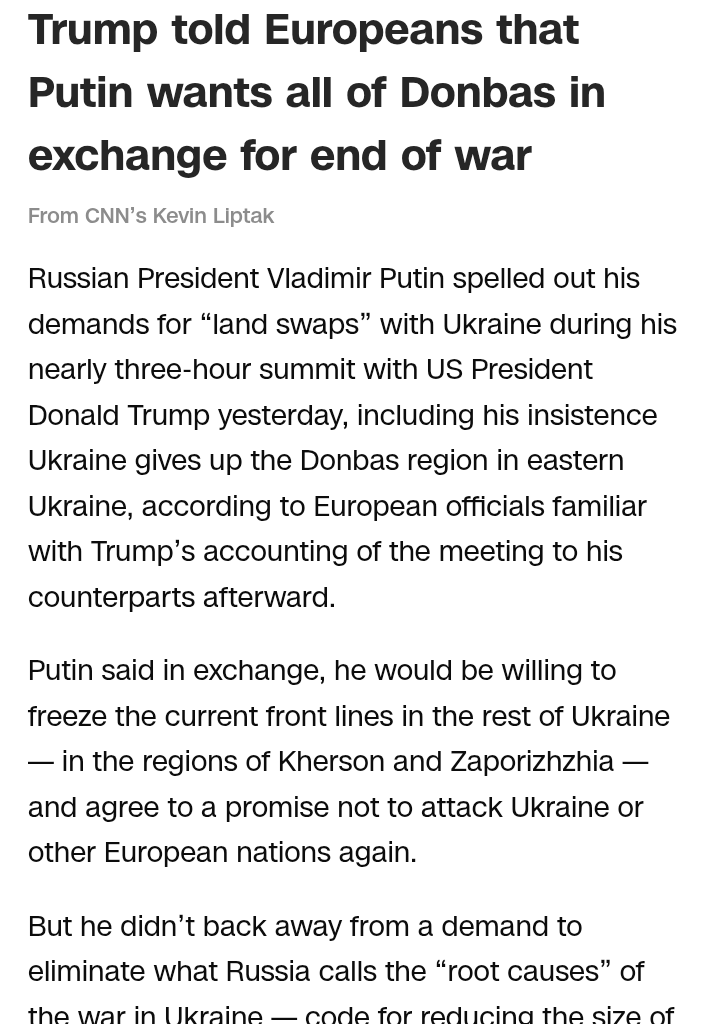 Breaking: Trump told Europeans that Putin wants all of Donbas in exchange for end of war