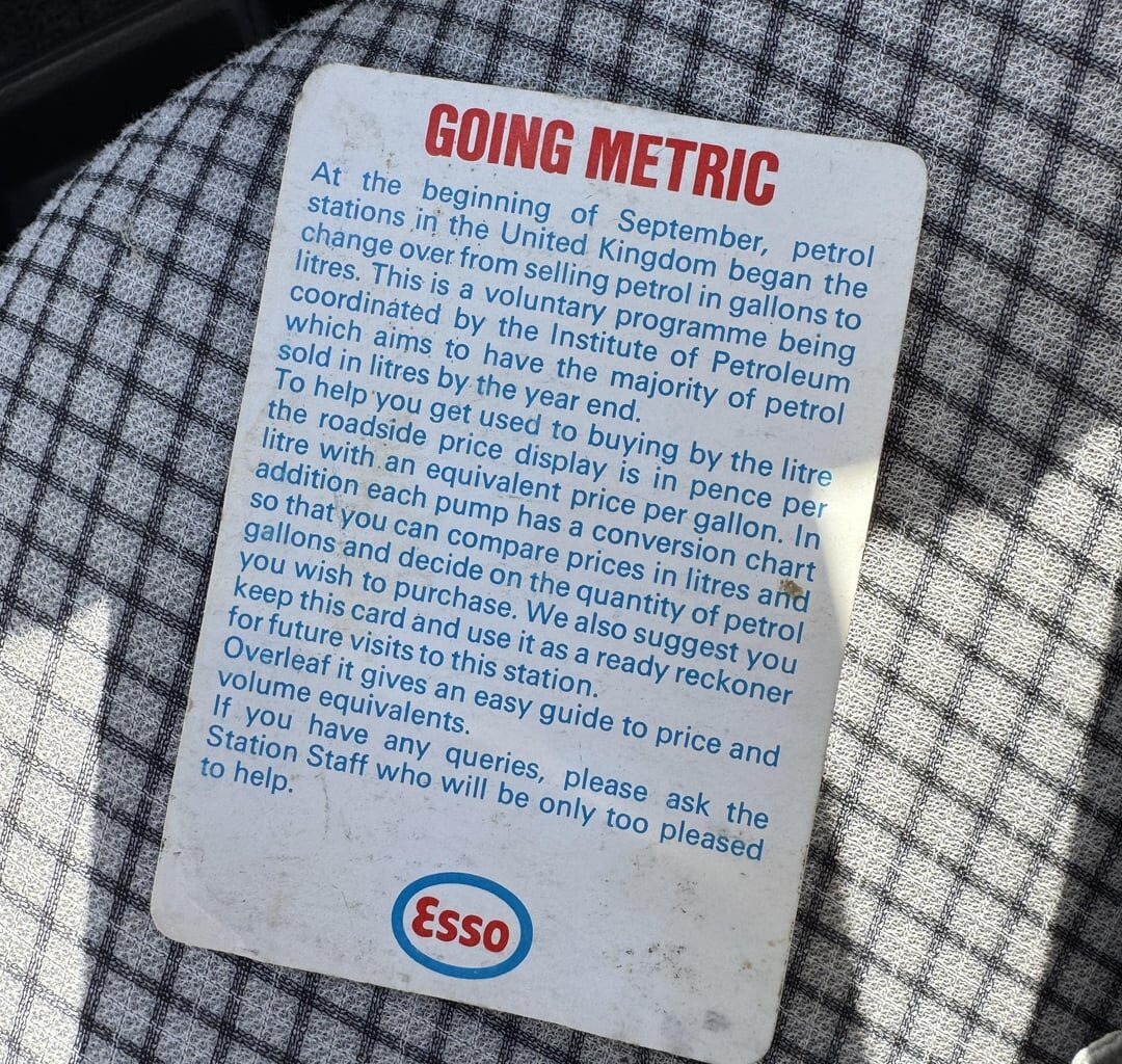 Leaflets found in my 80s car about the imperial to metric fuel change