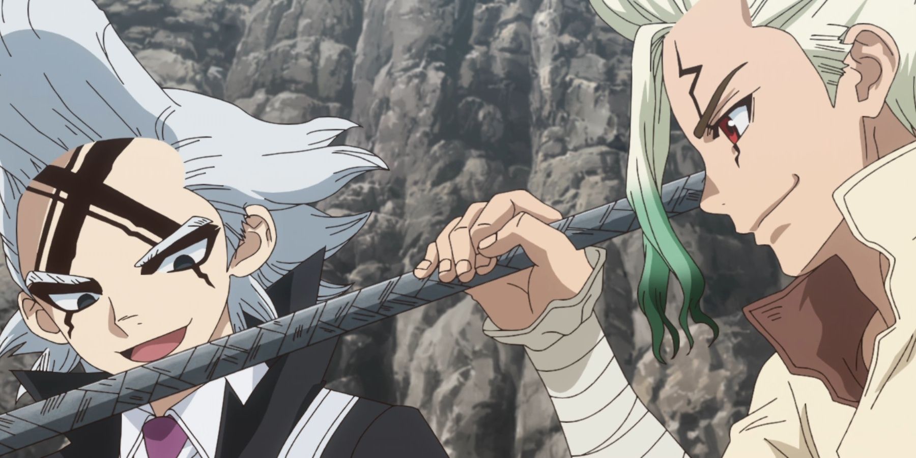 Senku and Dr. Xeno look at a metal cable