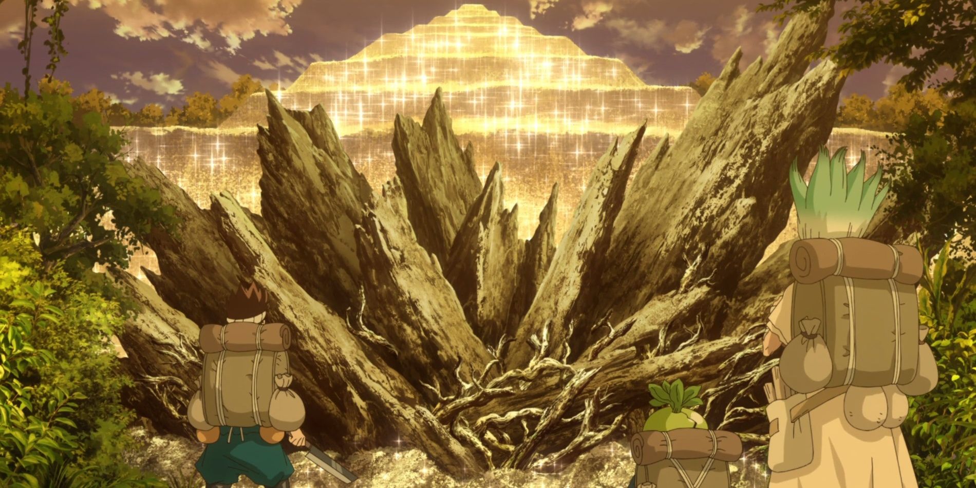Senku and his friends look at the Medusa temple