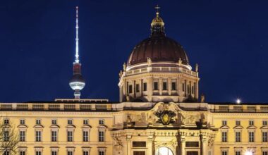 Symbolbild:Fassade des Berliner Humboldtforums und Fernsehturm am Abend.(Quelle:picture alliance/imagebroker/K.-H-Spremberg)