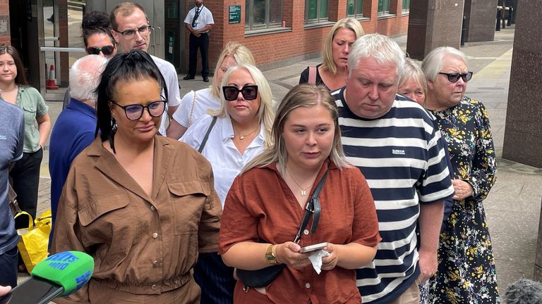 Harvey Willgoose's sister Sophie (centre) with her parents Caroline (left) and Mark Willgoose outside Sheffield Crown Court. Pic: PA