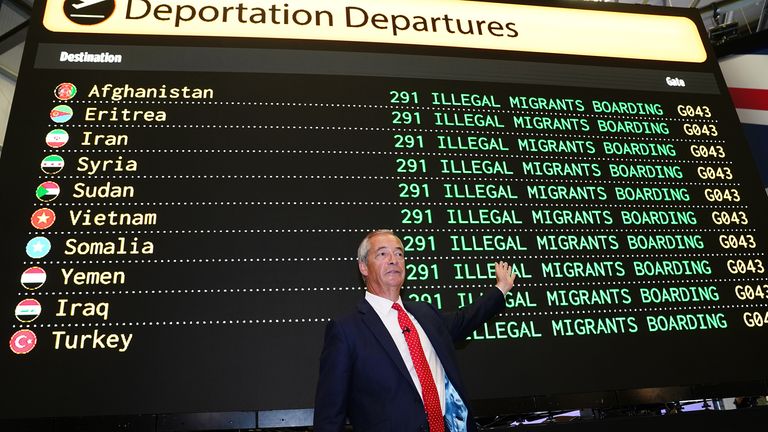 Nigel Farage launched an airport-style departures board to illustrate how many illegal migrants have arrived in the UK. Pic: PA