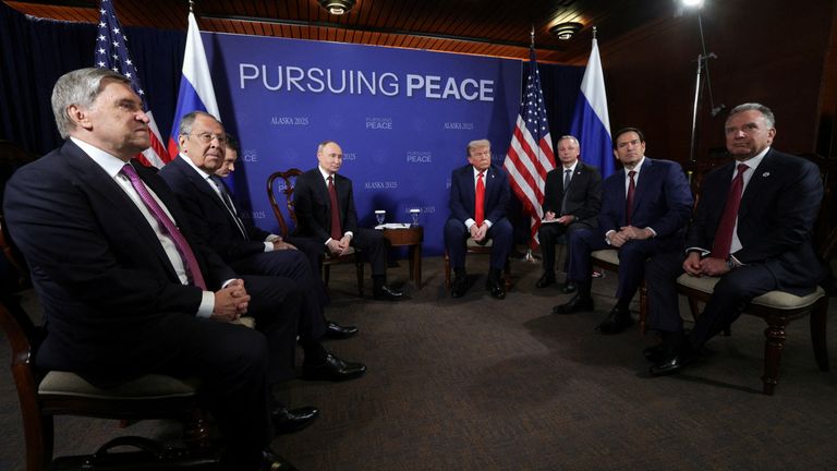 Witkoff (far right) with Trump, Putin and their delegations in Alaska. Pic: Reuters 