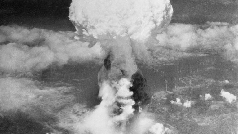 The atomic bomb was dropped by parachute and exploded 580m (1,900ft) above Hiroshima