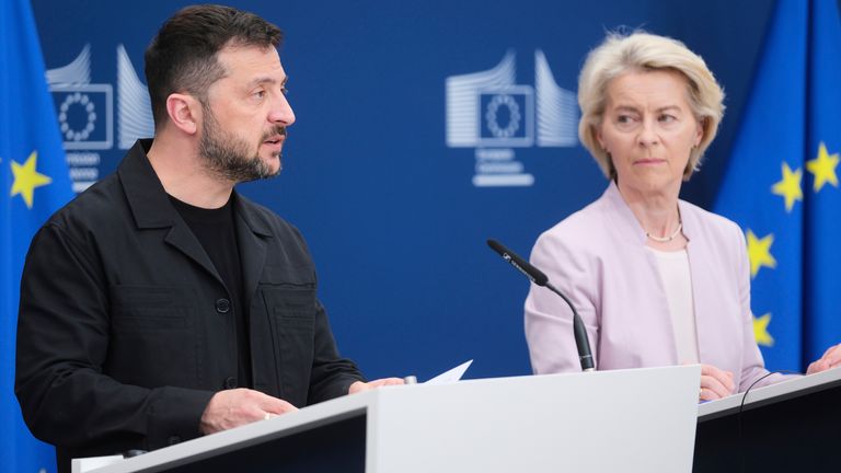 Volodymyr Zelenskyy and Ursula von der Leyen on Sunday. Pic: AP