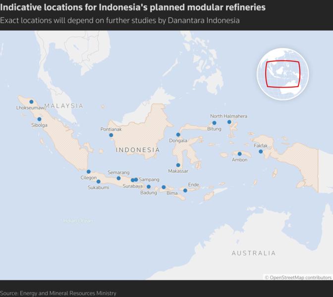 Indicative locations of the planned modular refineries across Indonesia. The exact locations will depend on further studies by Danantara Indonesia.