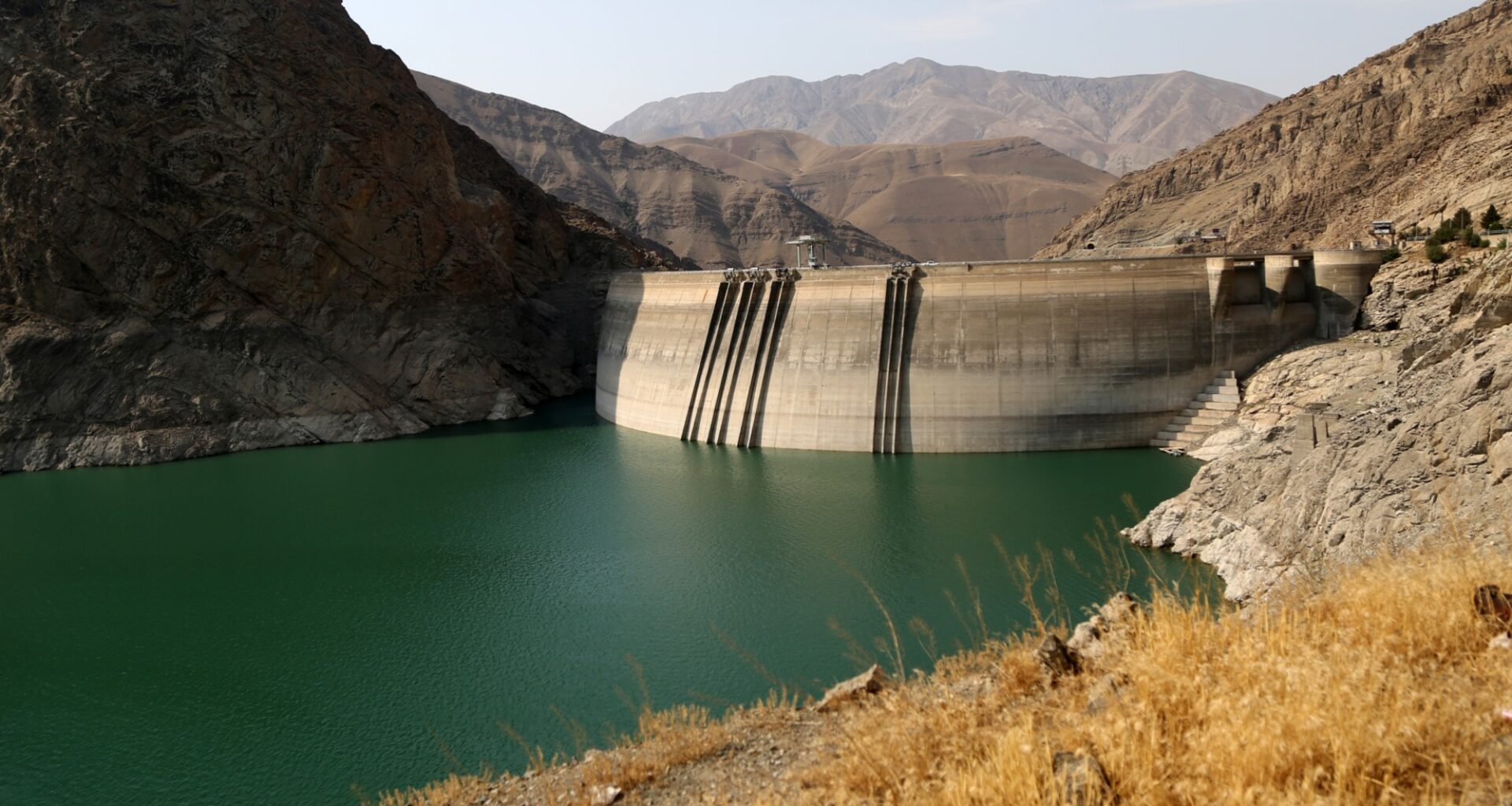 A view of Amir Kabir Dam, one of the five main reservoirs supplying water to Tehran, as the Iranian capital faces one of its most severe water crises in recent years, with dam levels dropping to historic lows