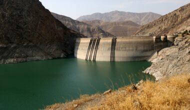 A view of Amir Kabir Dam, one of the five main reservoirs supplying water to Tehran, as the Iranian capital faces one of its most severe water crises in recent years, with dam levels dropping to historic lows