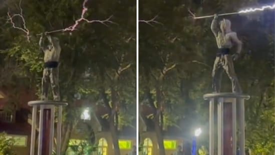 In the now-viral clip, the two performers don custom-designed suits that shield their bodies from high-voltage electricity. (X/MarioNawfal)