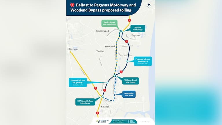 The planned Woodend Bypass route with the proposed tolling points.