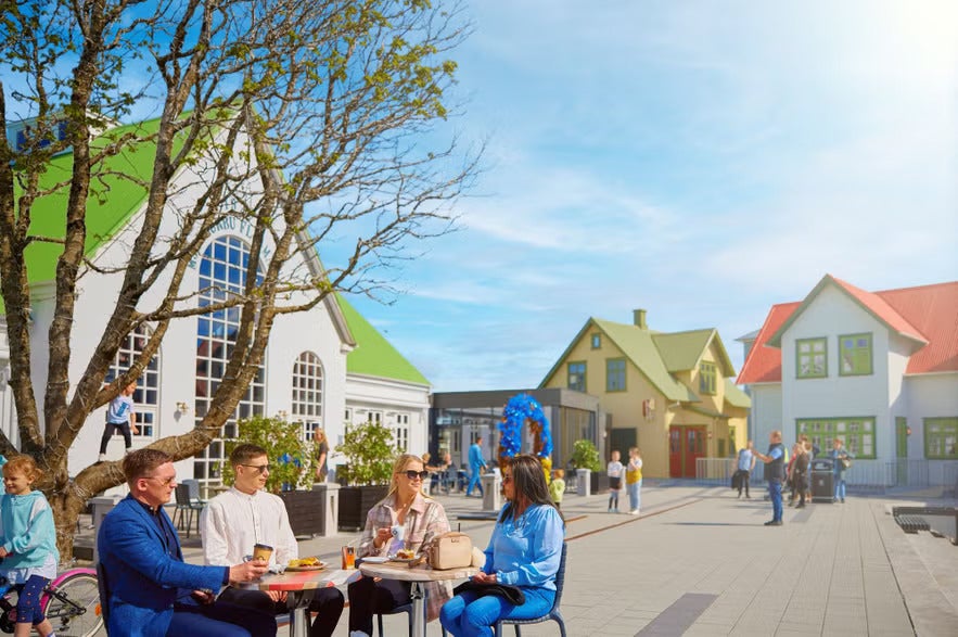 People enjoying outdoor dining at Selfoss New Old Town, Iceland.