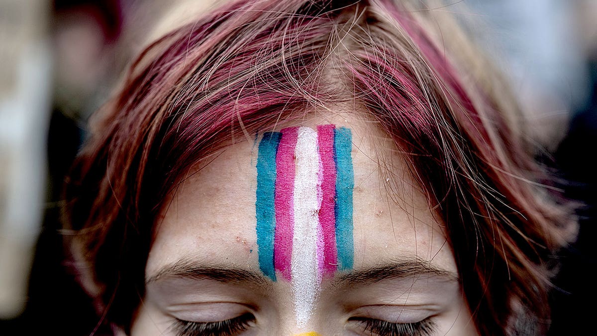 Young person with transgender flag painted on face