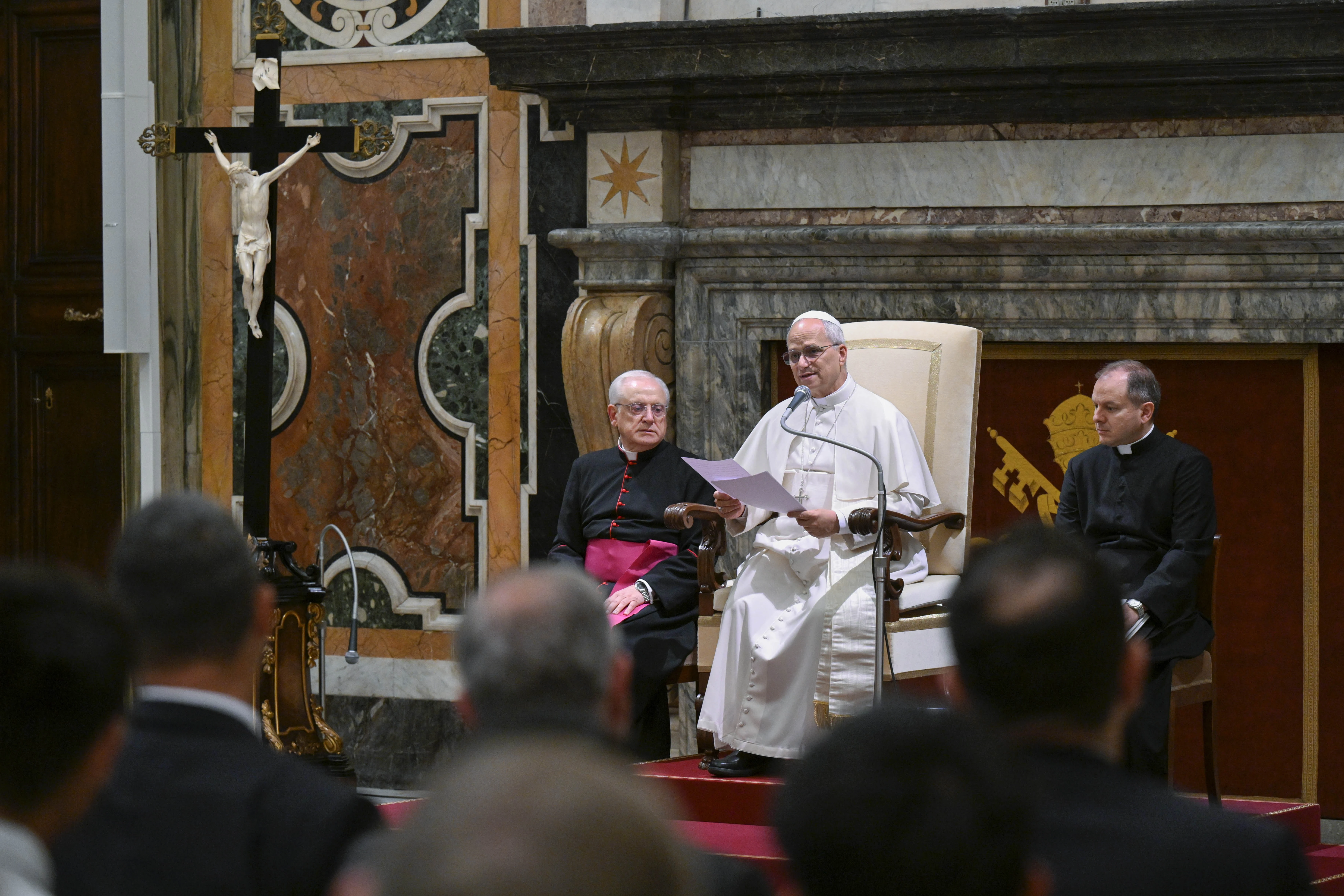 Pope Leo XIV addresses the International Catholic Legislators Network at the Vatican, Saturday, Aug. 23, 2025. Credit: Vatican Media